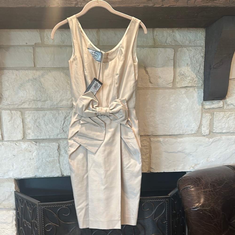 Prada Cream Gold Ruched Sheath Midi Dress